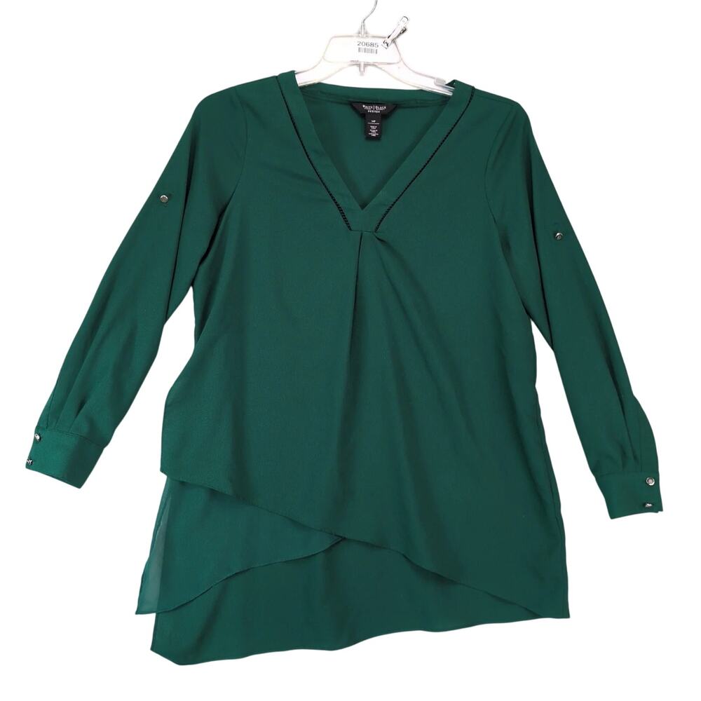 White House Black Market Green Asymmetrical Hem Tunic Blouse Women's 14P V-Neck